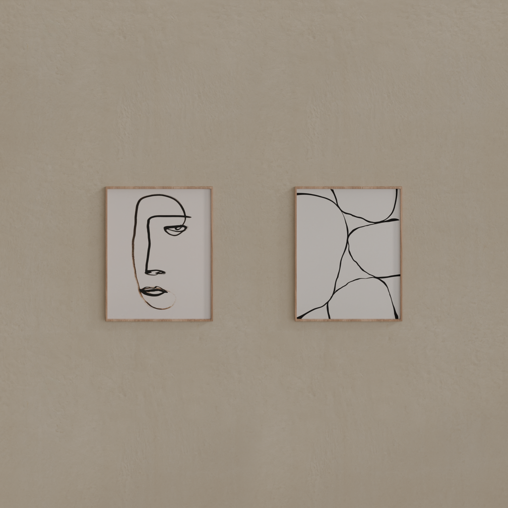 Conjunto de 2 Quadros Abstrato Rosto e Nude Lines Moldura Crua sem vidro 40 x 50cm