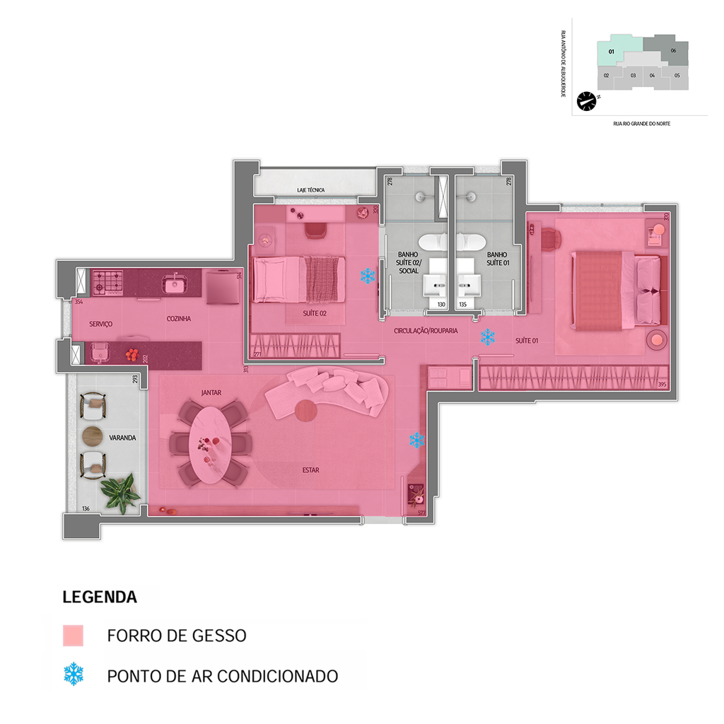 Infraestrutura para instalação de ar condicionado em pontos pré definidos em projeto e forro de gesso - Tipo I (Sala/cozinha)