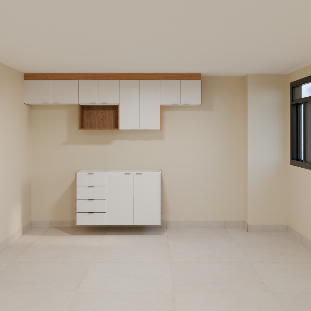 Armário Cozinha 2,60m Branco Tx e Freijó com puxador slim e Bancada 1,20m