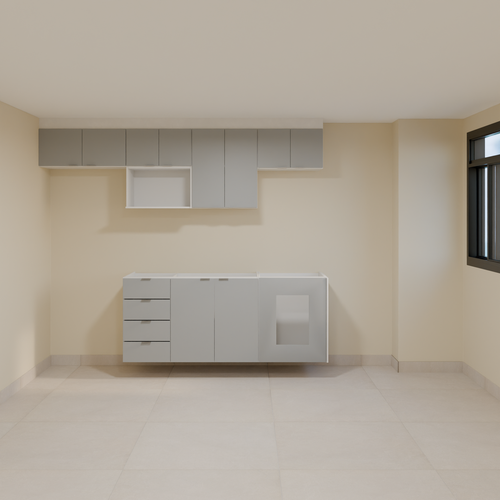 Armário Cozinha 2,60m Branco Tx e Cinza com puxador slim e Bancada 1,80m