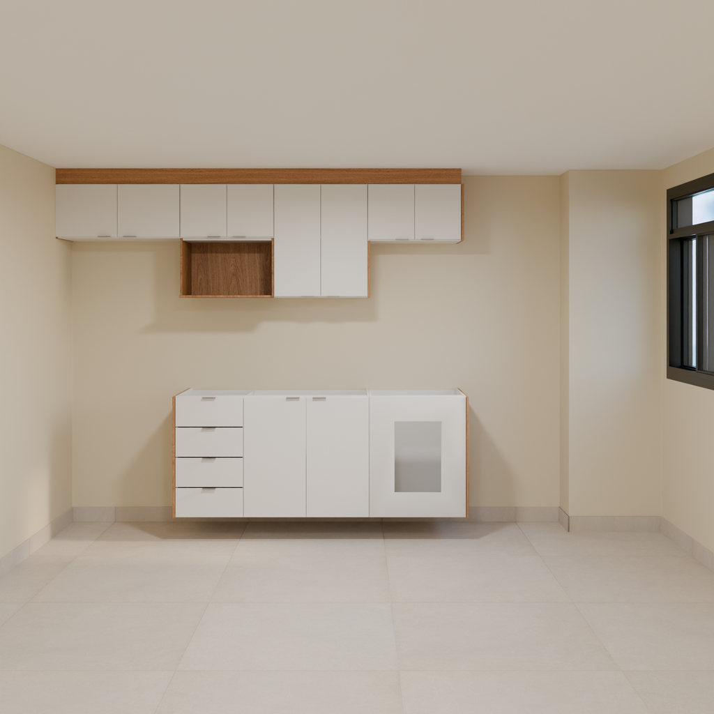 Armário Cozinha 2,60m Branco Tx e Freijó com puxador slim e Bancada 1,80m