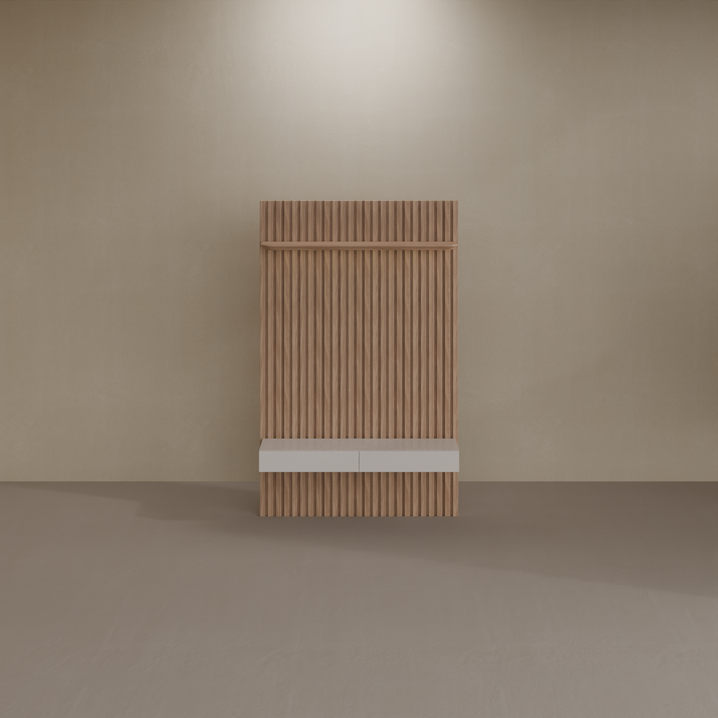 Painel ripado slim 1,40m com prateleira led e rack - Amadeirado