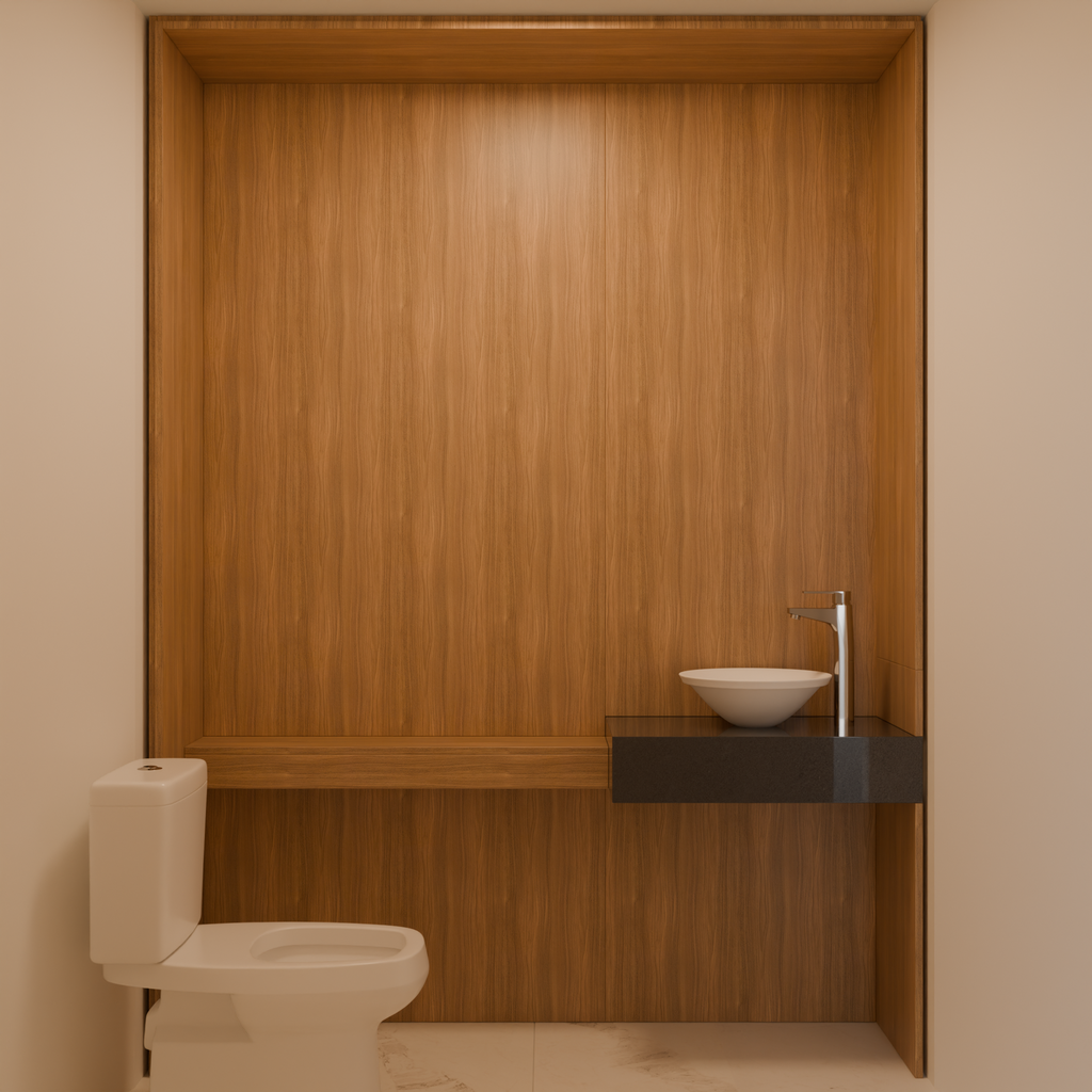 Painel do Lavabo com Prateleira 42 x 175 x 240 cm (PxLxA) Amadeirado (Sudoeste / Contorno – Apt 05 06 Pav 03 04 05)