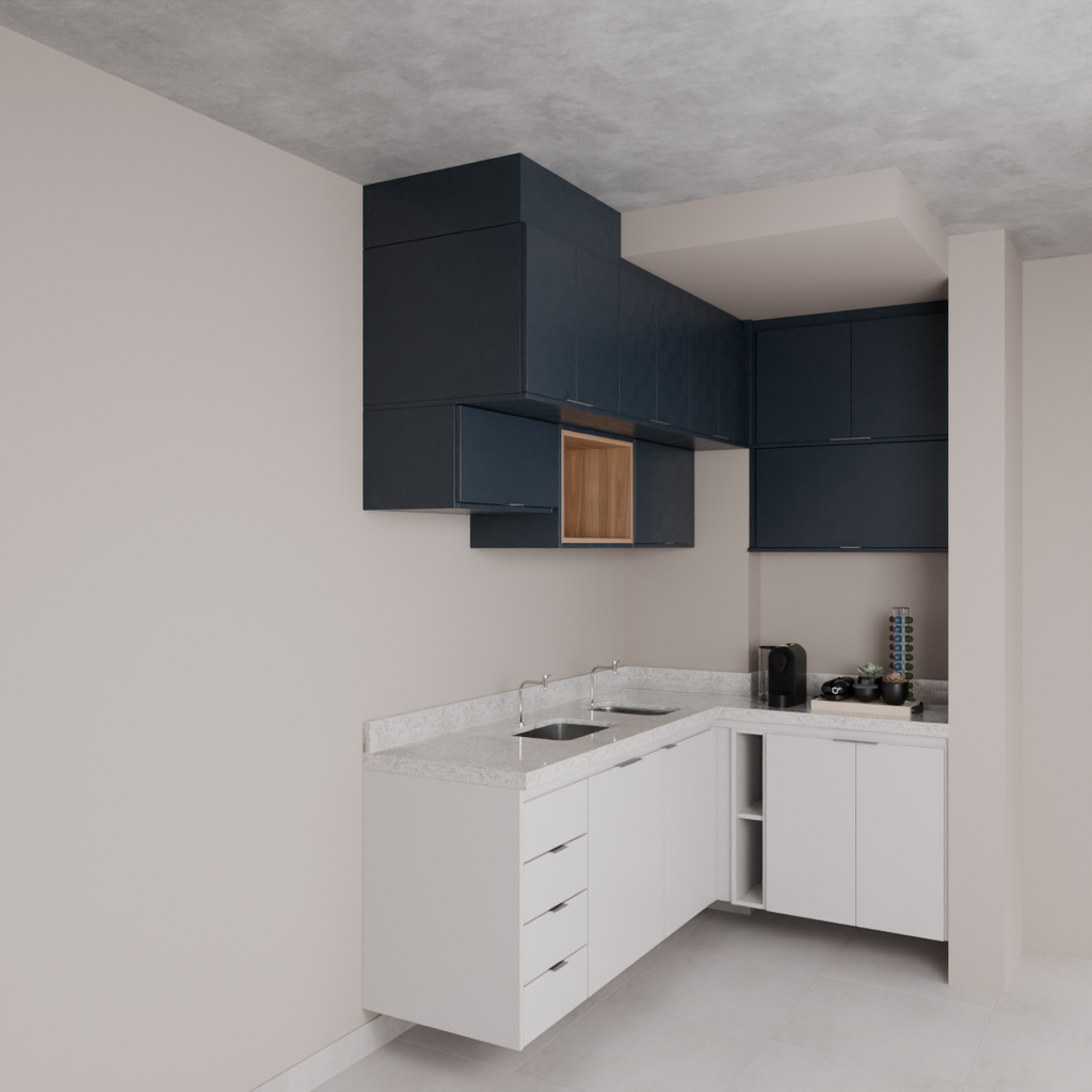 Armário Cozinha Inferior e Superior Cinza Cobalto, Azul Tx e Louro Freijó (Sudoeste / Bias Fortes - Apt 09) (CxB)