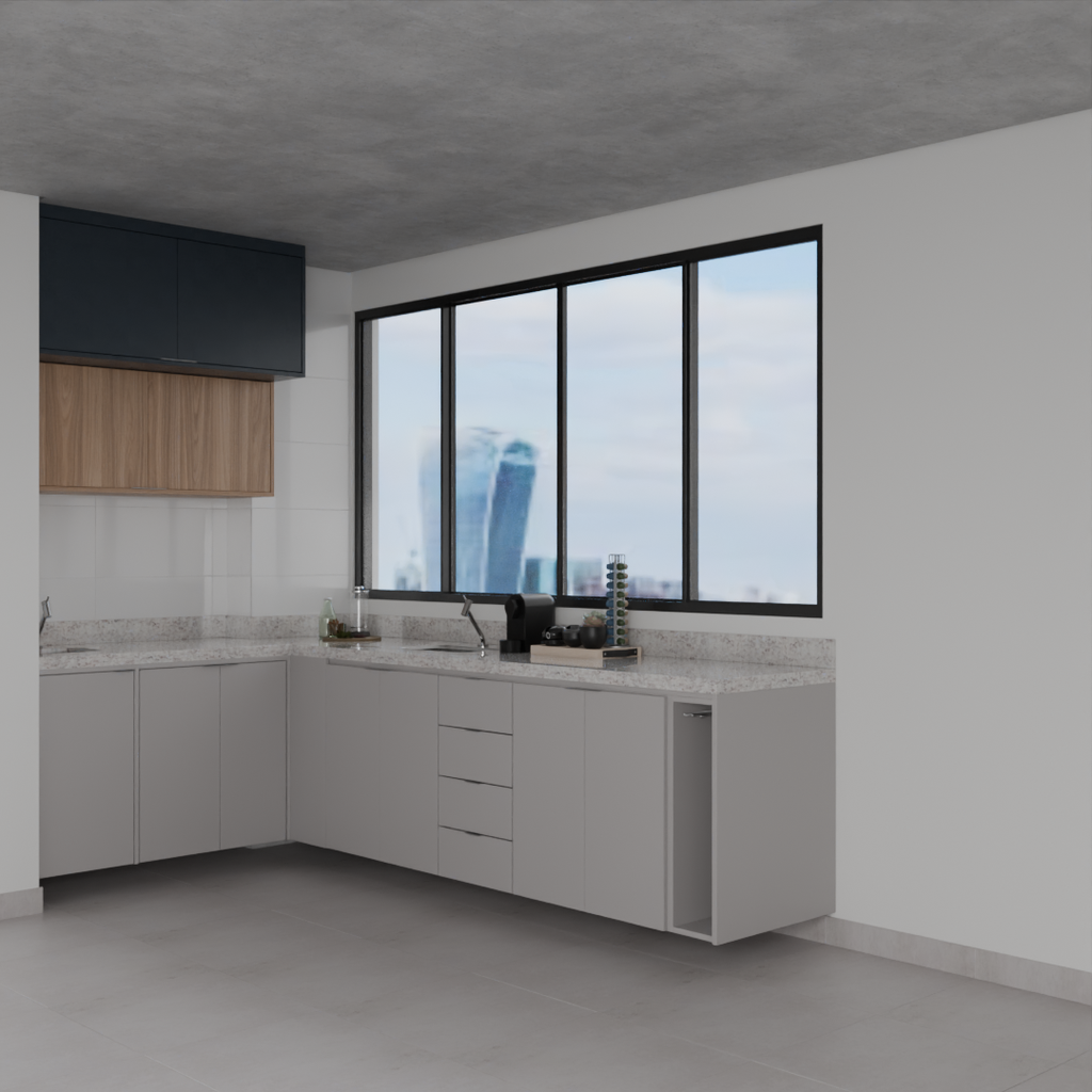 Armário Cozinha Inferior e Superior Cinza Cobalto, Azul Tx e Louro Freijó (Sudoeste / Bias Fortes - Apt 08 10) (CxB)