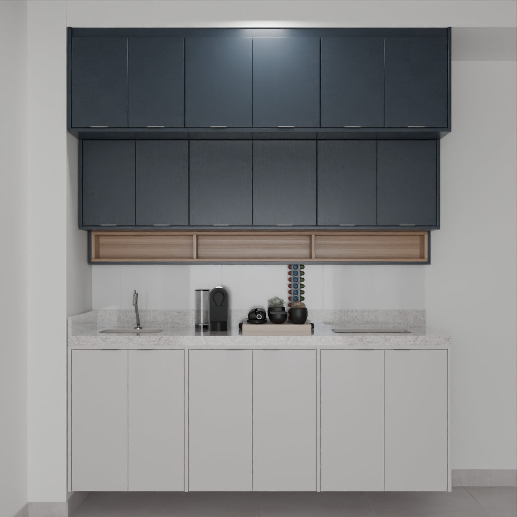 Armário Cozinha Inferior, Superior e Balcão Cinza Cobalto, Azul TX e Louro Freijó (Sudoeste / Bias Fortes - Apt 03 04) (CxB)