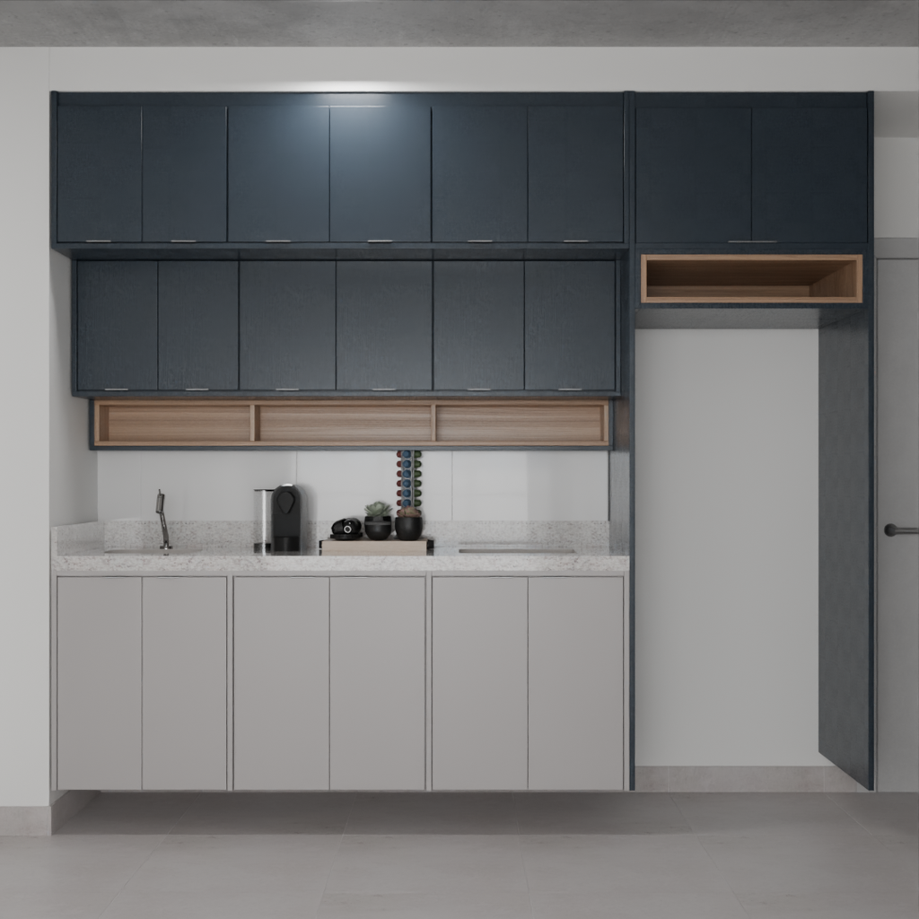 Armário Cozinha Completo com Balcão Cinza Cobalto, Azul Tx e Louro Freijó (Sudoeste / Bias Fortes - Apt 03 04) (CxB)