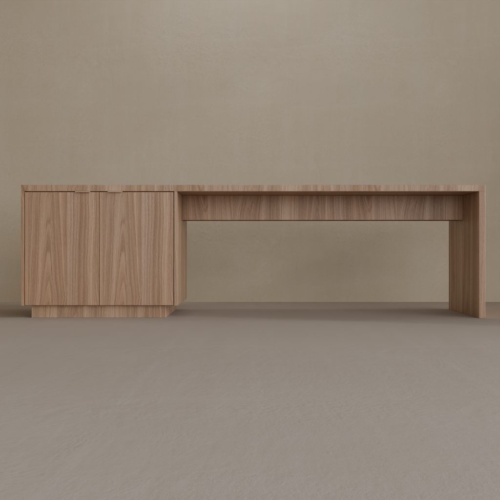 Rack 2 portas e Escrivaninha Louro Freijó 250 cm x 60 cm x 76 cm (LxPxA) (Sudoeste / Vale do Sereno – Apt 01 04 05 06 09 10) Juliano VS 801