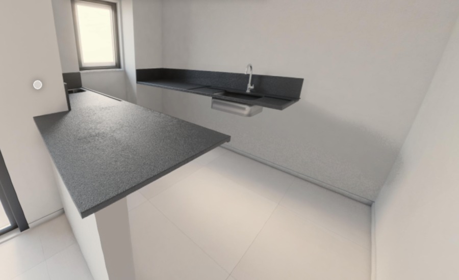 PADRÃO CONSTRUTORA: Bancada em Granito Preto São Gabriel Escovado, e testeira de 3cm, rodobanca na altura do peitoril da janela, com acabamento em meia esquadria  - Tipo I (Cozinha e Área de Serviço)