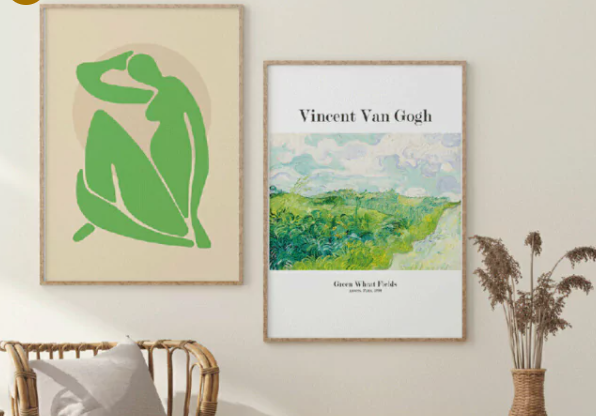 Conjunto 2 Quadros Decorativos Silhueta Verde e Van Gogh 50 x 70