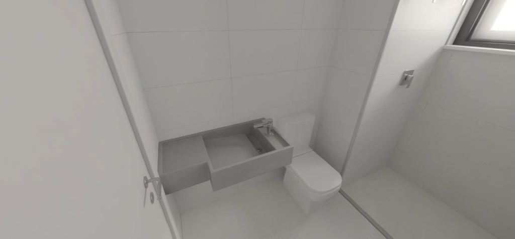 Bancada com Cuba Esculpida  em Quartzo Cinza Kensho sem  tampa, com válvula aparente + Filete no box somente no piso em Quartzo Cinza Kensho - Tipo II (Banho Suíte)