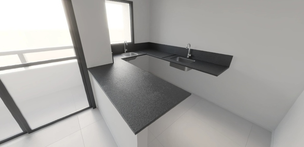 PADRÃO CONSTRUTORA: Bancada em Granito Preto São Gabriel Escovado, e testeira de 3cm, rodobanca na altura do peitoril da janela, com acabamento em meia esquadria  - Tipo II (Cozinha e Área de Serviço)