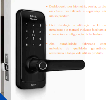 Fechadura Eletrônica - Papaiz - Smart Lock SL205 - Preto