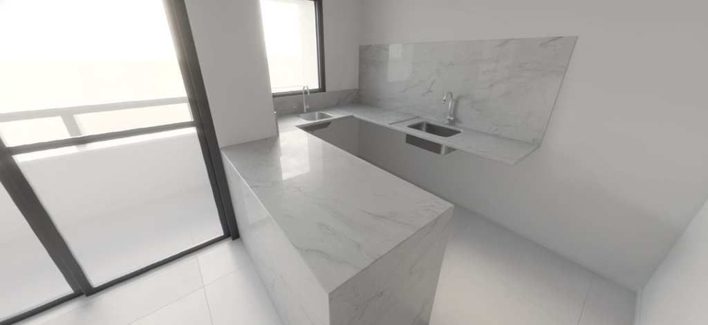 Fechamentos laterais da ilha H=90cm e Frontão H=70cm para bancada da cozinha, Quartzito Mont Blanc, com acabamento em meia esquadria - Tipo II (Cozinha/Área de Serviço)