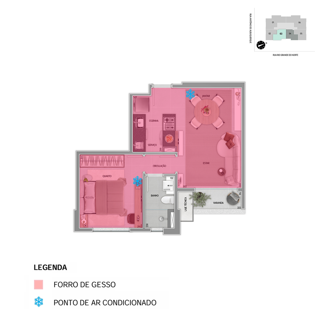 Infraestrutura para instalação de ar condicionado em pontos pré definidos em projeto e forro de gesso - Tipo III (Sala / Cozinha)