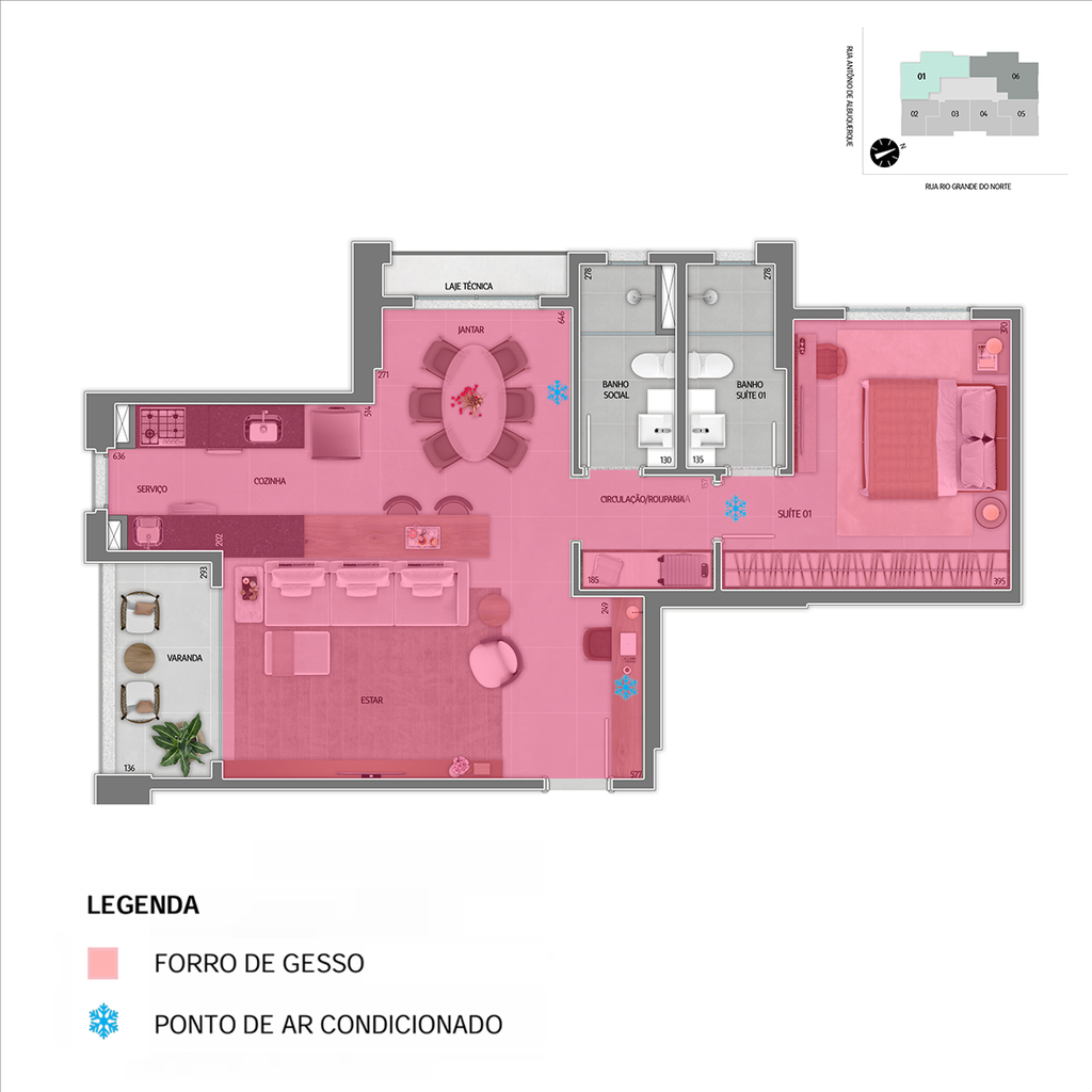 Infraestrutura para instalação de ar condicionado em pontos pré definidos em projeto e forro de gesso - Tipo I (Sala/cozinha) 2001